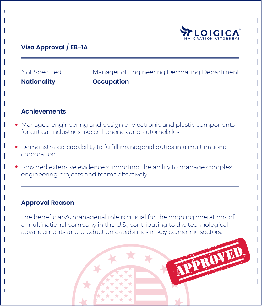 The image displays a document titled "Visa Approval / EB-1A" from Loigica Immigration Attorneys. It details the occupation of the visa recipient as "Manager of Engineering Decorating Department" and lists their achievements in managing engineering and design for electronics and automobiles, emphasizing their critical managerial role in a U.S.-based multinational company. The visa has been stamped "APPROVED."