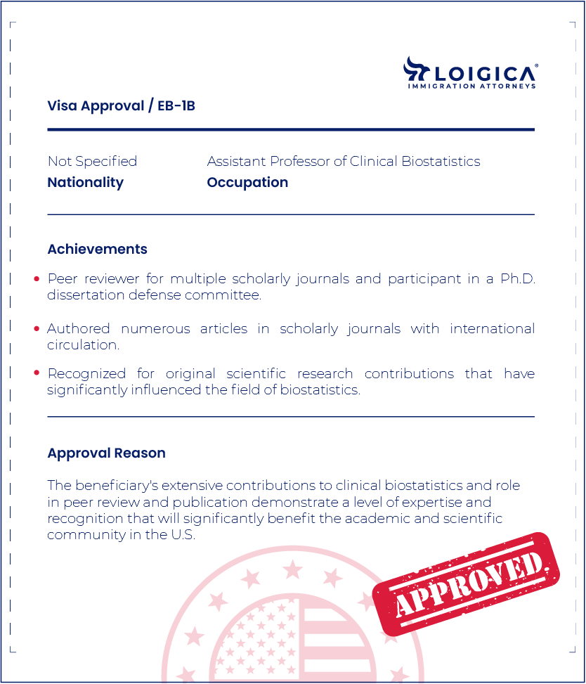 The image shows a document titled "Visa Approval / EB-1B" from LOIGICA Immigration Attorneys. It lists the occupation of the visa recipient as "Assistant Professor of Clinical Biostatistics." Key achievements include peer reviewing for scholarly journals, publishing numerous articles, and being recognized for significant research in biostatistics. The visa is marked "APPROVED."